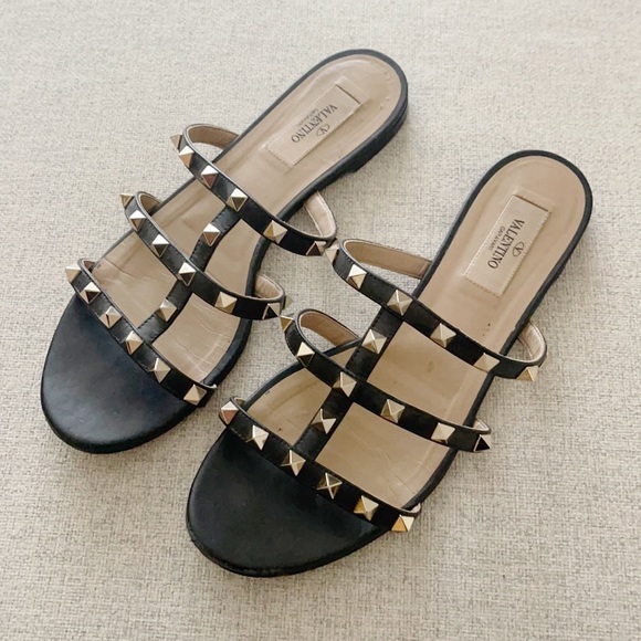 Valentino Garavani Shoes - Valentino Rockstud Black Caged Slide Sandal